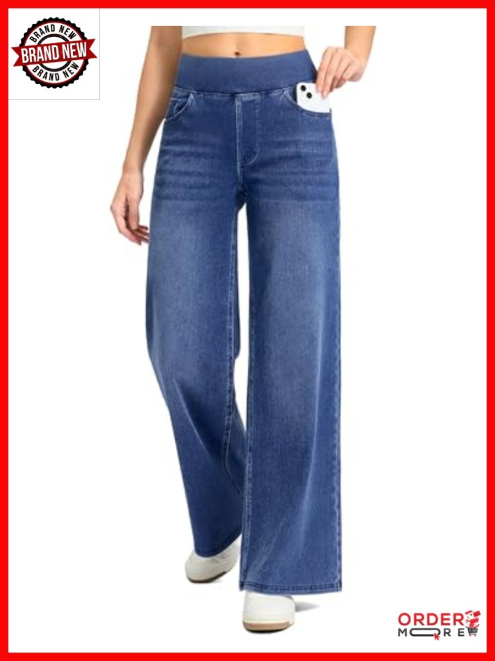 Wide Leg High Waisted Pull On Stretchy Jeans Comfortable Denim Pants